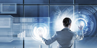 7773903 Image of businesswoman pushing icon on media screen
